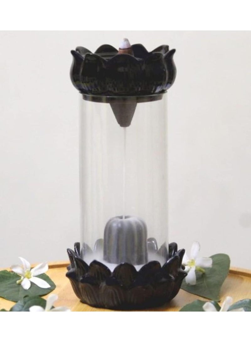 Mahashivratri 2026/ Shivratri special / Shivling, incense holder, backflow smoke design, Lotus Design Backflow Incense Holder with Glass Display Cylinder, Black Decorative Stand